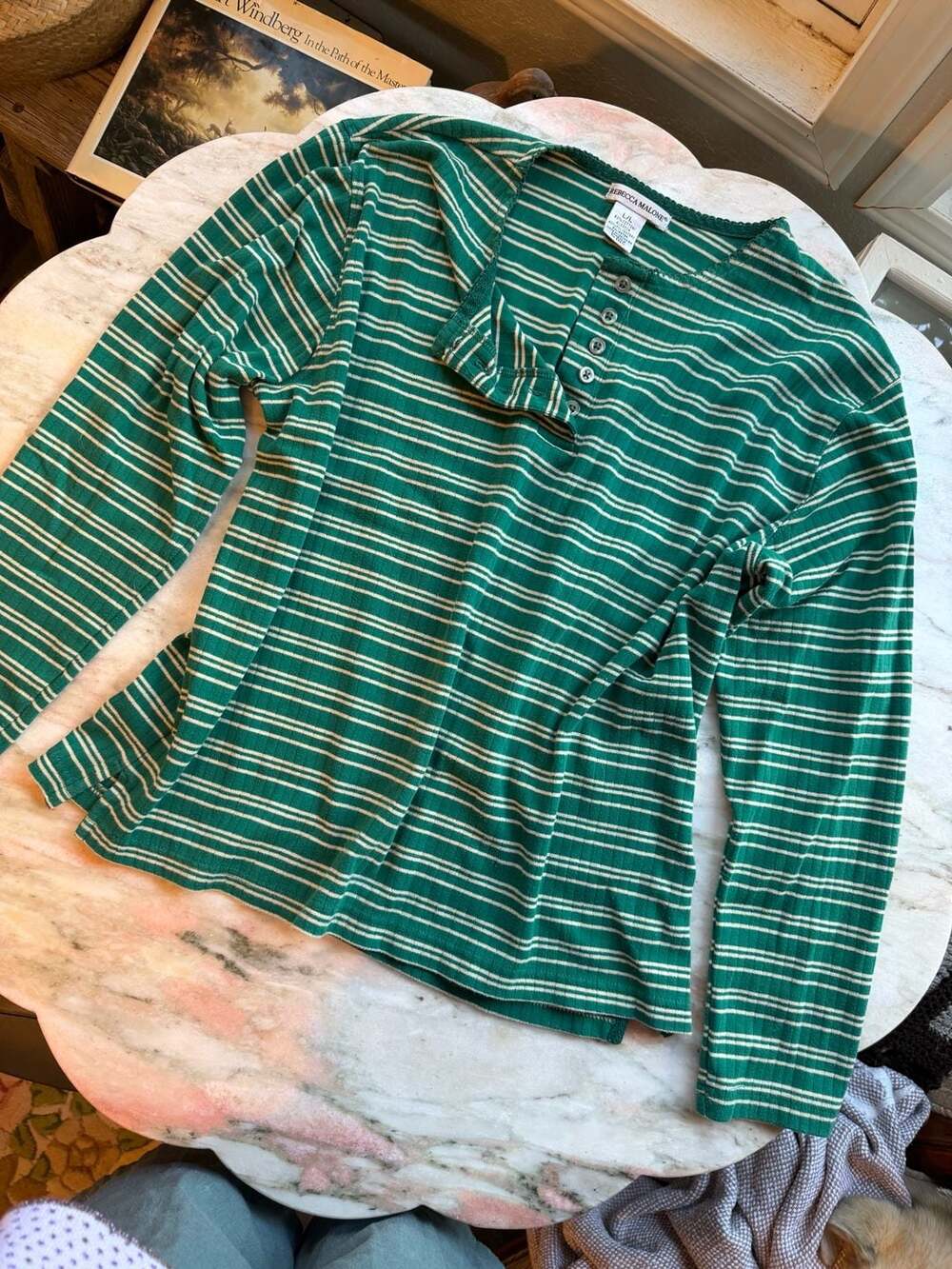 Rebecca Malone Long Sleeve Ribbed Henley Shirt, Green and White Striped
